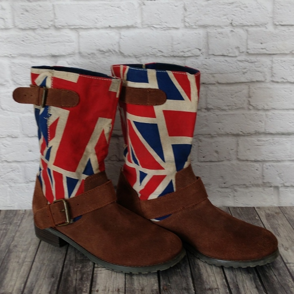 Union Jack canvas & brown leather boots size 9